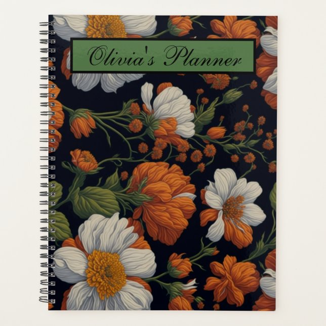Dramatic Orange white elegant retro flowers Planner (Front)