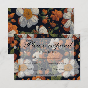 Dramatic Orange white elegant retro flowers RSVP Card