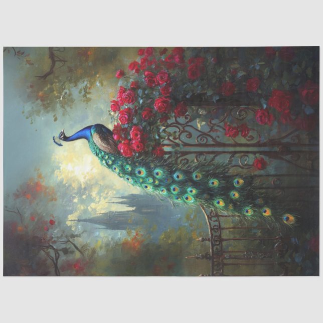 Dramatic Peacock Red Roses Gothic Decoupage Tissue Paper (Front)