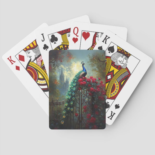 Dramatic Peacock Red Roses Gothic Playing Cards (Back)
