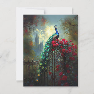 Dramatic Peacock Red Roses Gothic Postcard