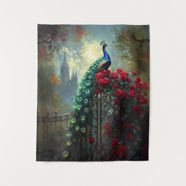 Dramatic Peacock Red Roses Gothic Tapestry (Front)