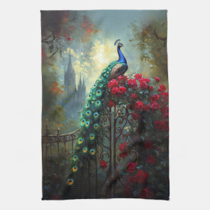 Dramatic Peacock Red Roses Gothic Tea Towel