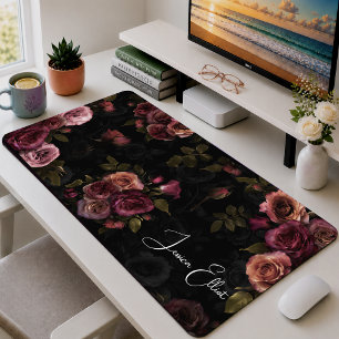 Dramatic Pink Burgundy Moody Floral Art Desk Mat