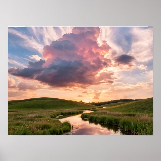 Dramatic Pink Cloud at Sunset Over Winding River - Poster (Front)