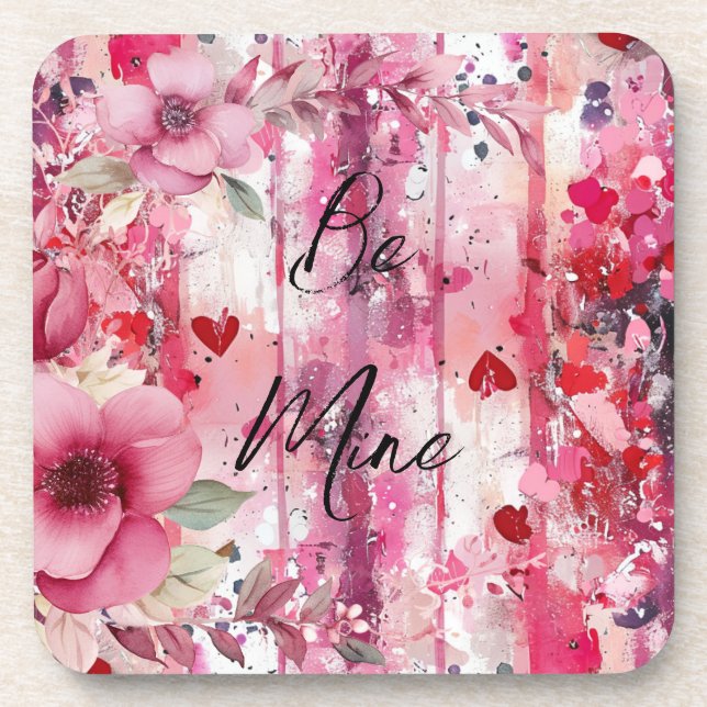 dramatic pink floral hearts Valentine Coaster (Front)