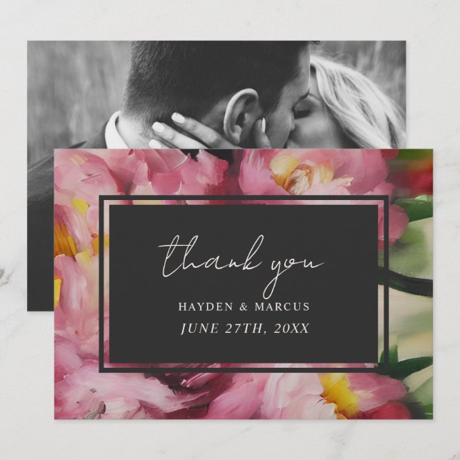 Dramatic Pink Floral Wedding Photo Thank You (Front/Back)