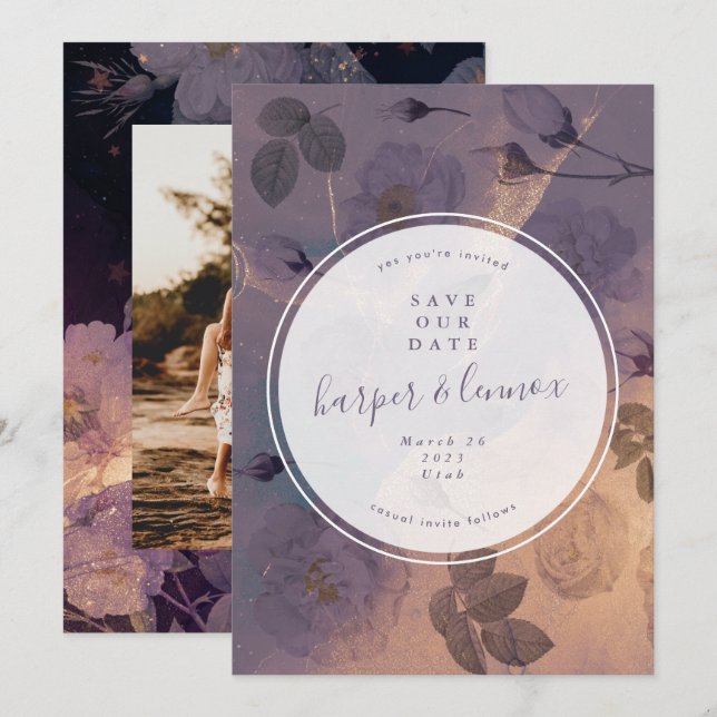 Dramatic Purple Floral Fall Circle Photo Save The Date (Front/Back)