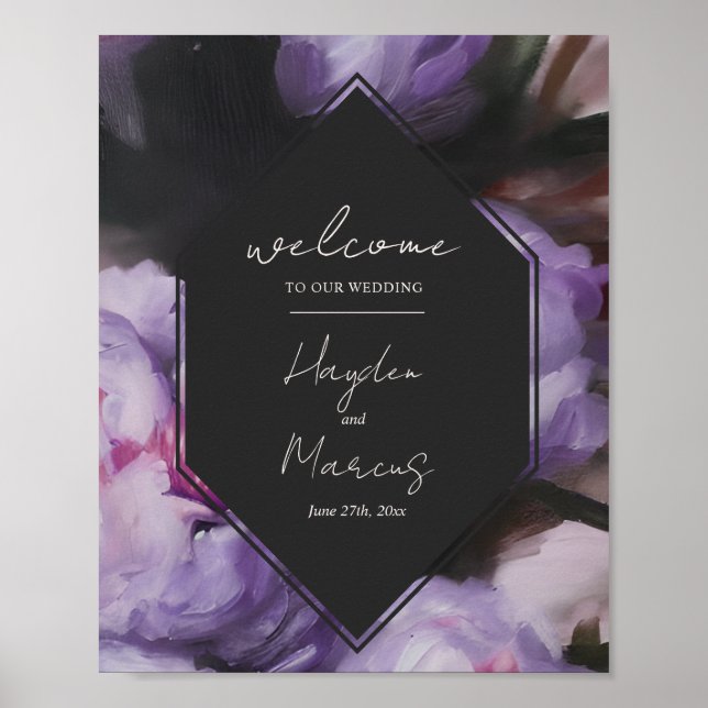 Dramatic Purple Floral Wedding Welcome Poster (Front)
