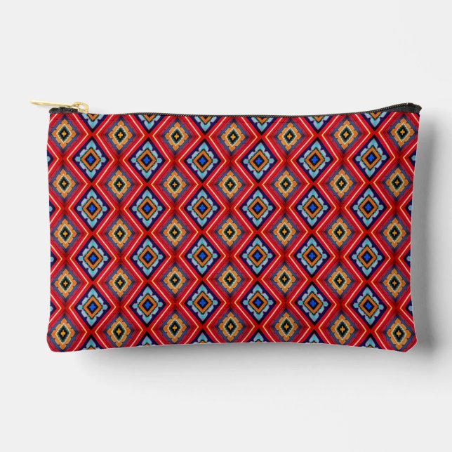 Dramatic Red and Blue Diamond Pattern Accessory Pouch (Front)
