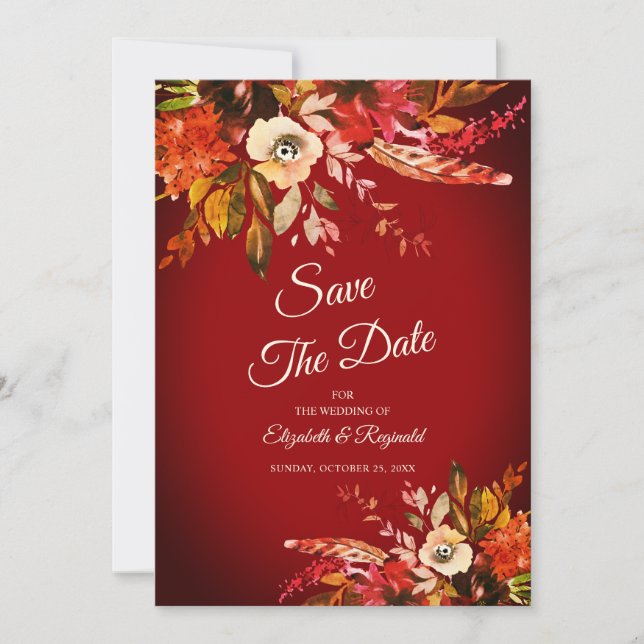 Dramatic Red Autumn Floral Save The Date Invitation (Front)