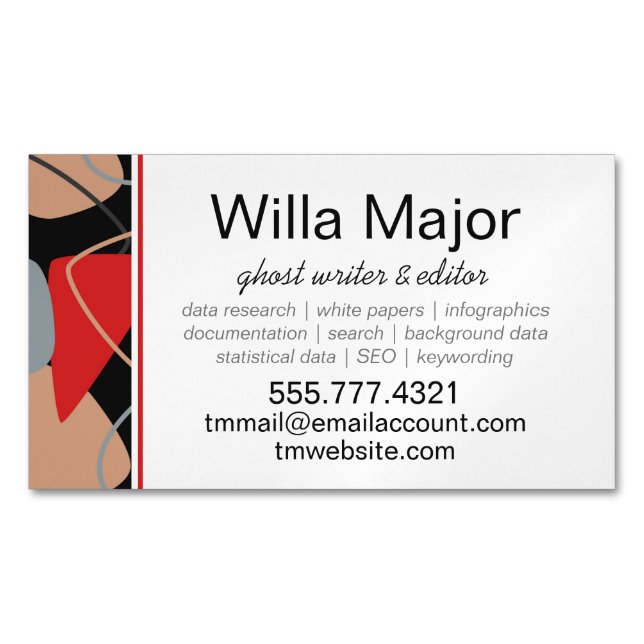 Dramatic Red, Black, Beige Abstract Writers Magnetic Business Card (Front)