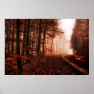 Dramatic red foggy winter snowless forest poster