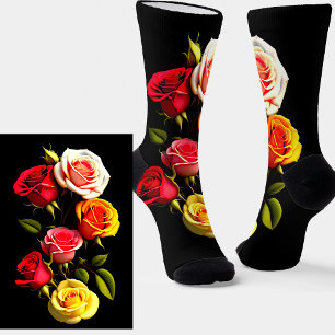 Dramatic Red Pink Yellow Roses on  Black Socks