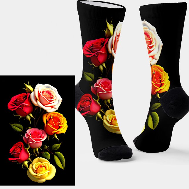 Dramatic Red Pink Yellow Roses on  Black Socks (Creator Uploaded)