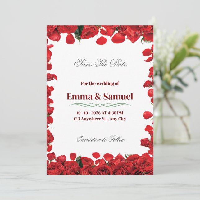Dramatic Red Rose Border Save The Date Card (Standing Front)