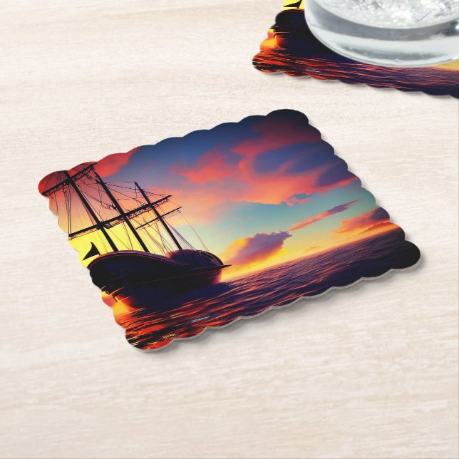 Dramatic Sailing Ship Sunset Paper Coaster (Angled)