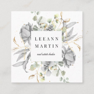 dramatic silver floral square business card