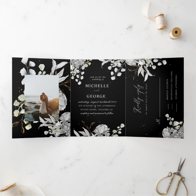 dramatic silver floral tri fold wedding invitation (Inside)