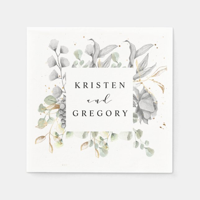 dramatic silver gold floral monogram wedding napkin (Front)