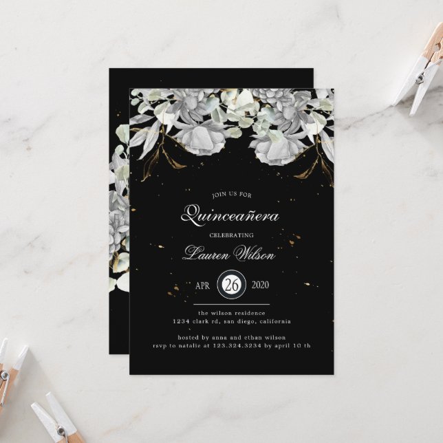Dramatic Silver Gold Floral Quinceanera Invitation (Front/Back In Situ)