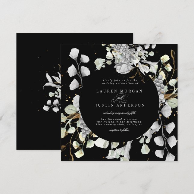 dramatic silver gold floral square Wedding Invitation (Front/Back)