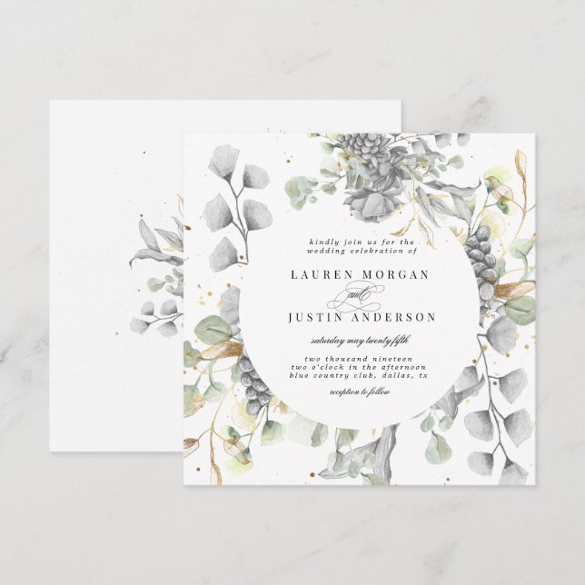 dramatic silver gold floral square Wedding Invitation (Front/Back)