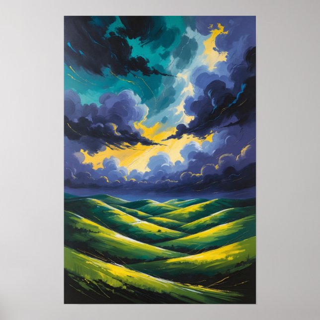 Dramatic Storm Clouds Over Rolling Green Hills Poster (Front)