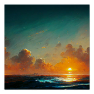 Dramatic Sunset Ocean Waves Landscape Poster