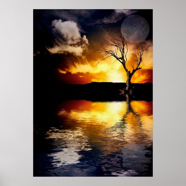 Dramatic sunset over calm lake poster (Front)