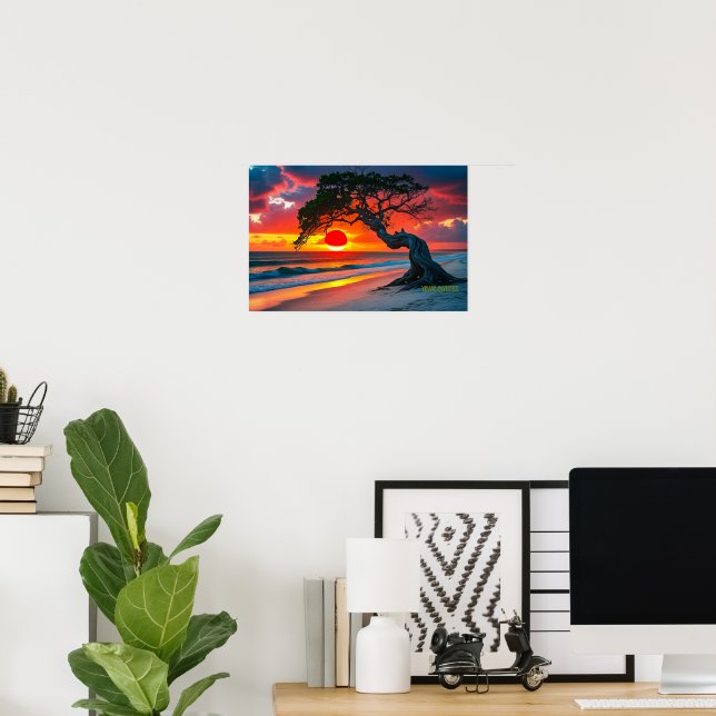 Dramatic Sunset Tree Over Ocean Beach Wall Art (Home Office)