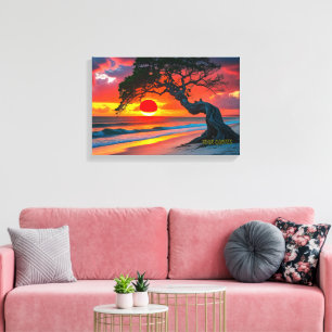 Dramatic Sunset Tree Over Ocean Beach Wall Art