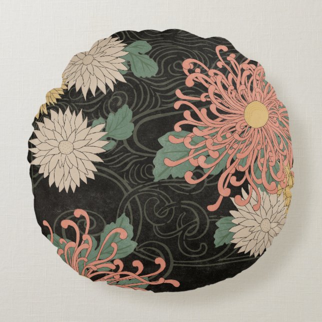 Dramatic Vintage Japanese Chrysanthemum Floral  Round Cushion (Front)
