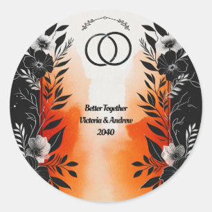 Dramatic Watercolor Black Orange Floral Wedding Classic Round Sticker