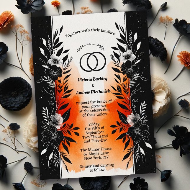 Dramatic Watercolor Black Orange Floral Wedding  Invitation (Creator Uploaded)