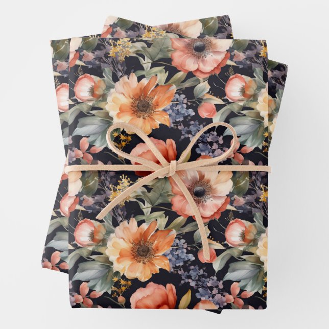DRAMATIC WATERCOLOR FLORAL GIFT WRAPPING PAPER SHEET (In situ)