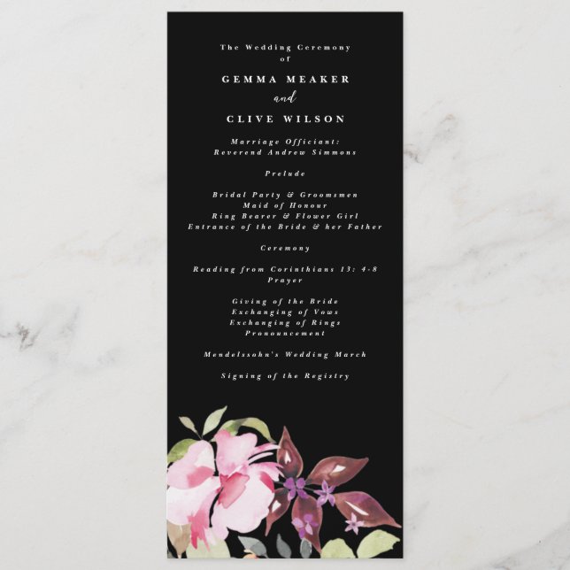 Dramatic Watercolor Florals Wedding Ceremony Programme (Front)