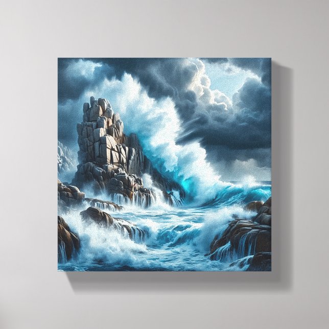 Dramatic Waves Crashing Against Towering Vertical  Canvas Print (Front)