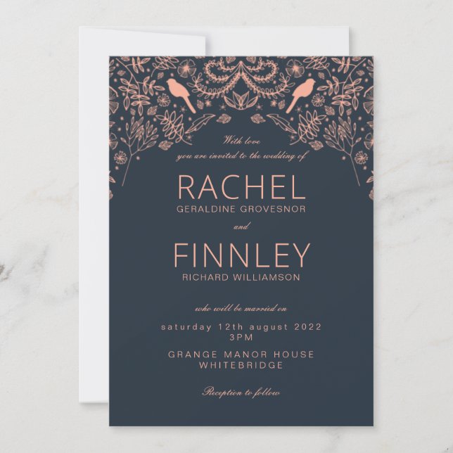 Dramatic wedding invitation navy and coral (Front)
