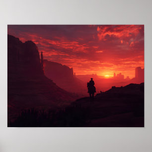 Dramatic Western Cowboy Sunset Red Canyon Art Poster