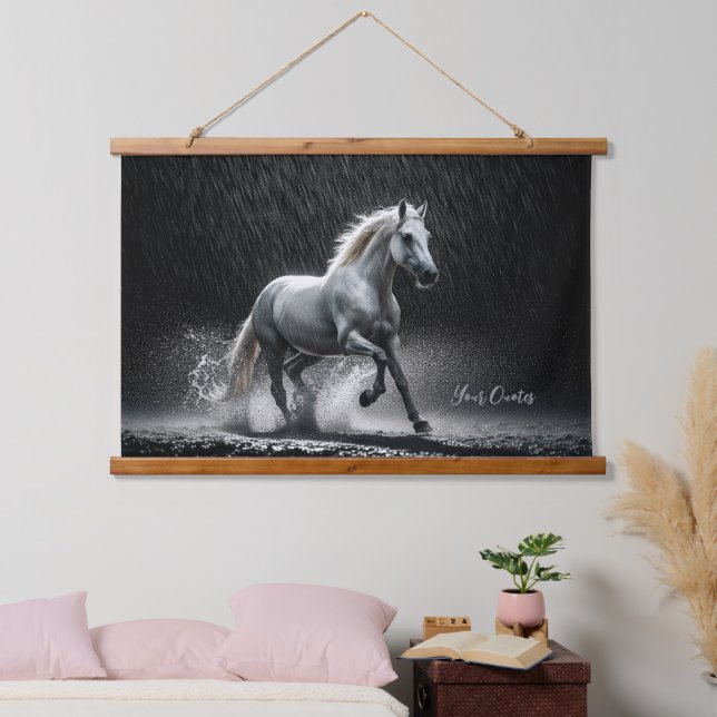 Dramatic White Horse Galloping in Rain Hanging Tapestry (Bedroom)