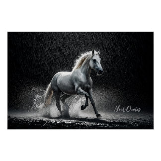 Dramatic White Horse Galloping in Rain Poster