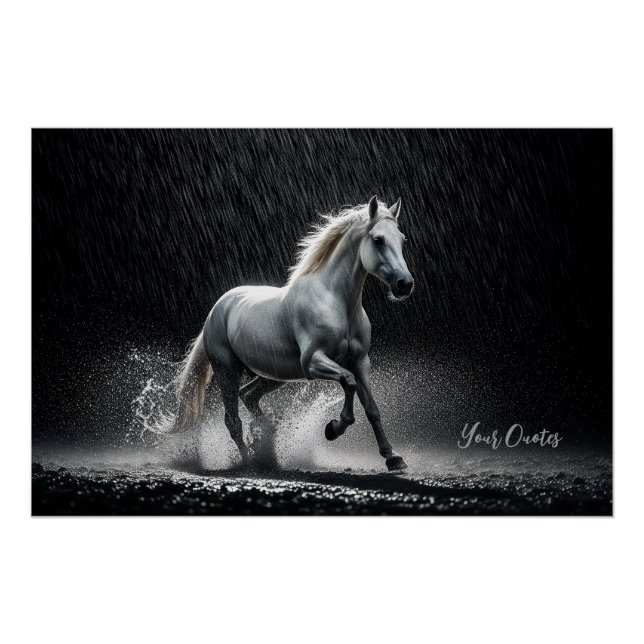Dramatic White Horse Galloping in Rain Poster (Front)