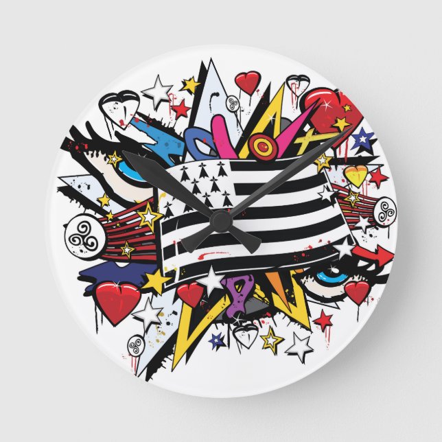 Drapeau Bretagne Breizh graffiti Breton graff Round Clock (Front)