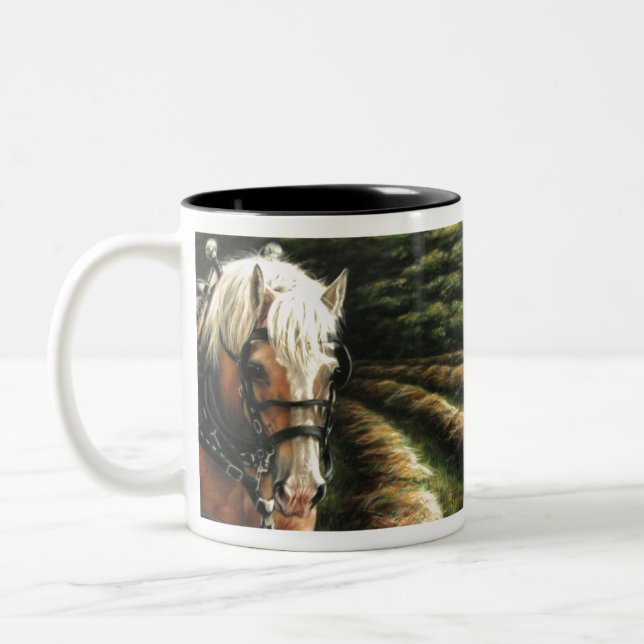 Draught horse making hay Two-Tone coffee mug (Left)