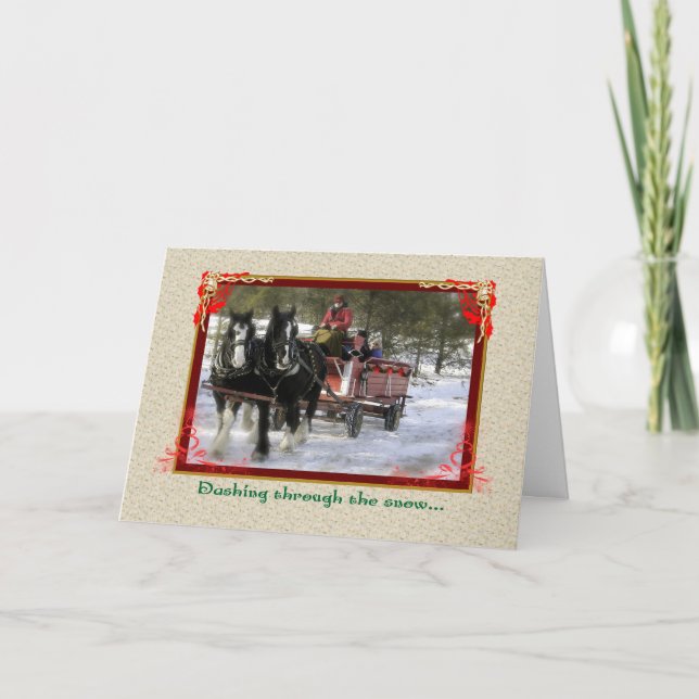 Draught  -Horse Winter Sleigh Ride, Christmas Holiday Card (Front)