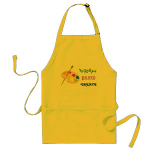 Draw, Paint, Create yellow art apron with palette