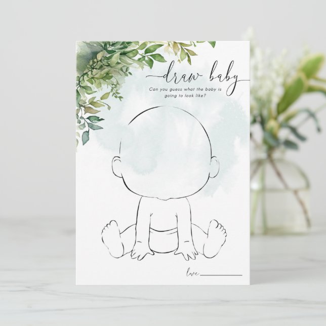 Draw the Baby, Baby Shower Game Greenery Theme Invitation (Standing Front)