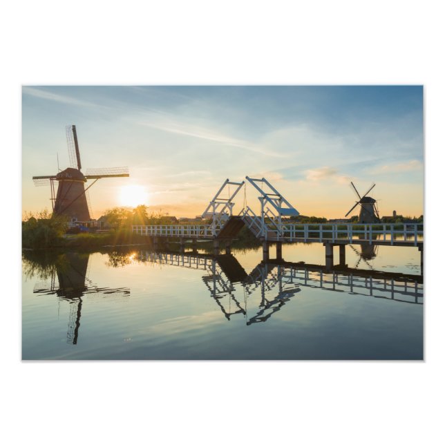 Drawbridge and windmills at sunset in Holland Photo Print (Front)