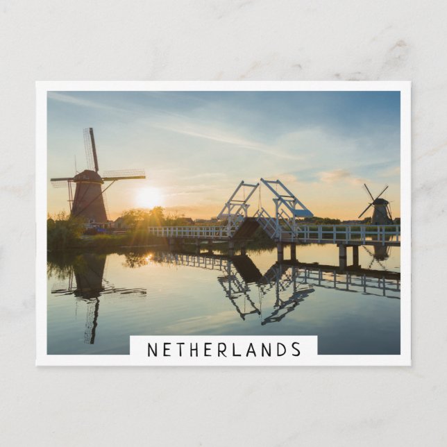 Drawbridge and windmills at sunset in Holland Postcard (Front)